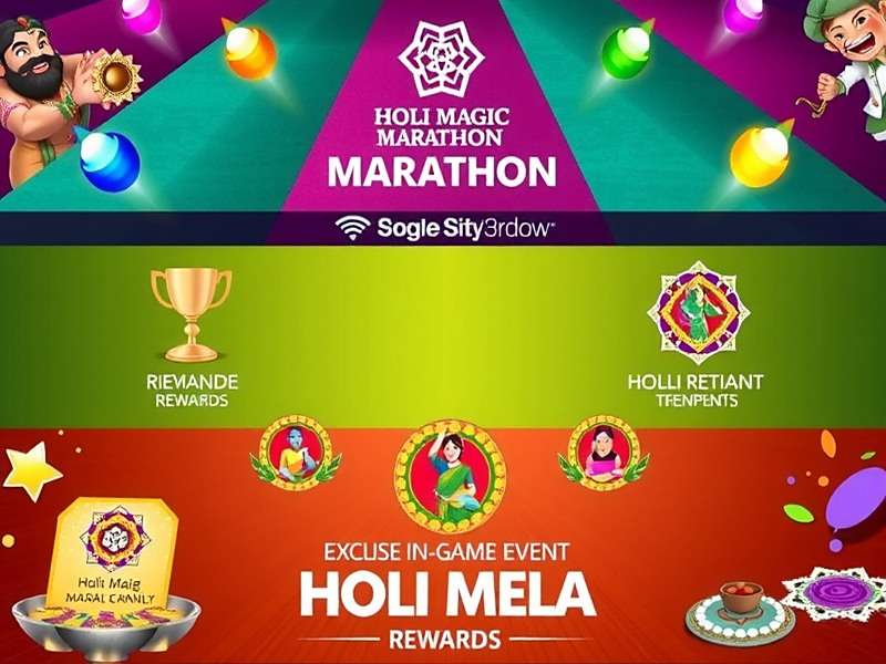 Holi Magic Marathon Holi Mela Event Holi Magic Marathon Holi Mela event poster featuring colorful rangolis, players celebrating, and exclusive in-game rewards
