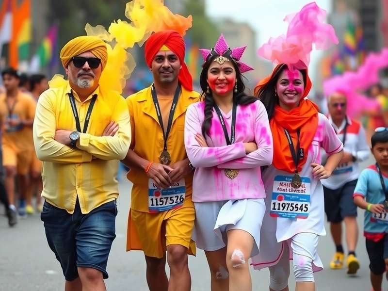Holi Magic Marathon regional characters showcasing traditional attire from North, South, East, and West India